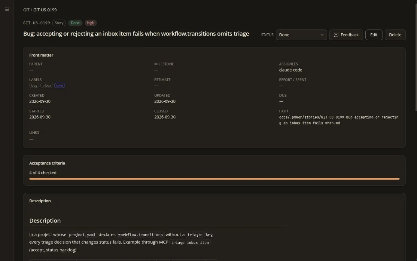 Story detail — front matter, acceptance criteria and the file path on disk